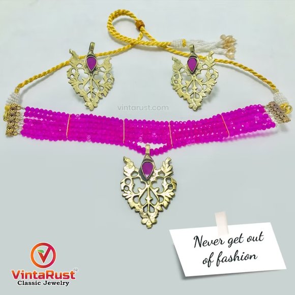 Valentine Special Sale, Beaded Jewelry Set, Beads With Brass Motif Jewelry Set, - Picture 4 of 9